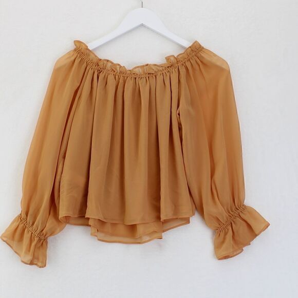 1.STATE Off the Shoulder Chiffon Top in Toasted Nut - Picture 3 of 4
